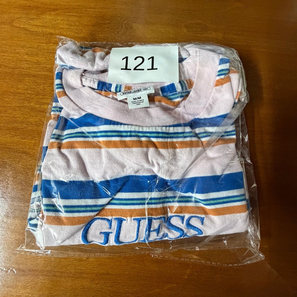 Guess Originals T-Shirt Mens Medium Pink Blue Striped Embroidered Logo YTK - Picture 8 of 8
